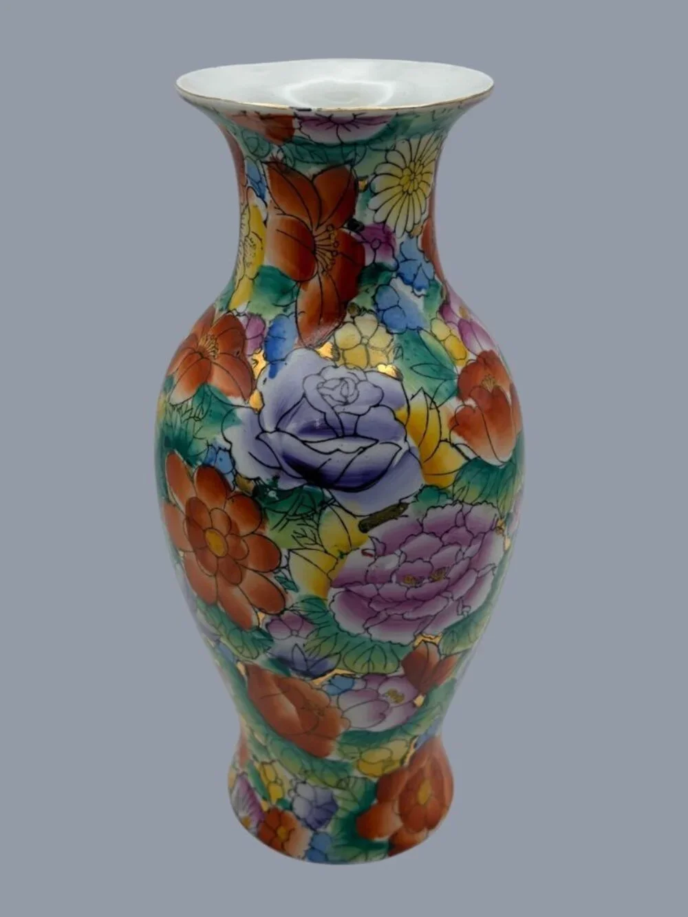 VTG Chinese Mille Fleur Rose Floral Porcelain Vase Hand Painted Gold Accents